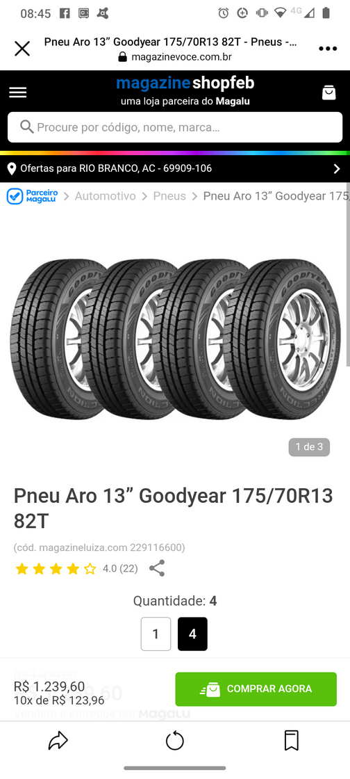 Moda Pneu Aro 13” Goodyear 175/70R13 82T 4 peças