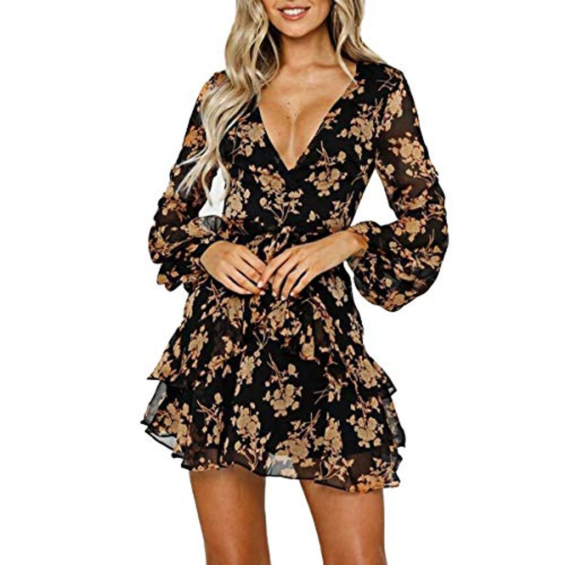 Social Vestidos de Mujer Vestido Floral con Volantes Casual Vestido Cruzado Manga Larga