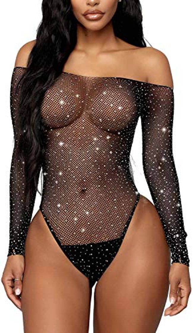 Moda JFAN Lencería para Mujer Encaje Mallas Bodysuit de Diamantes Brillante Bodis de Mujer de Vestir para Fiesta