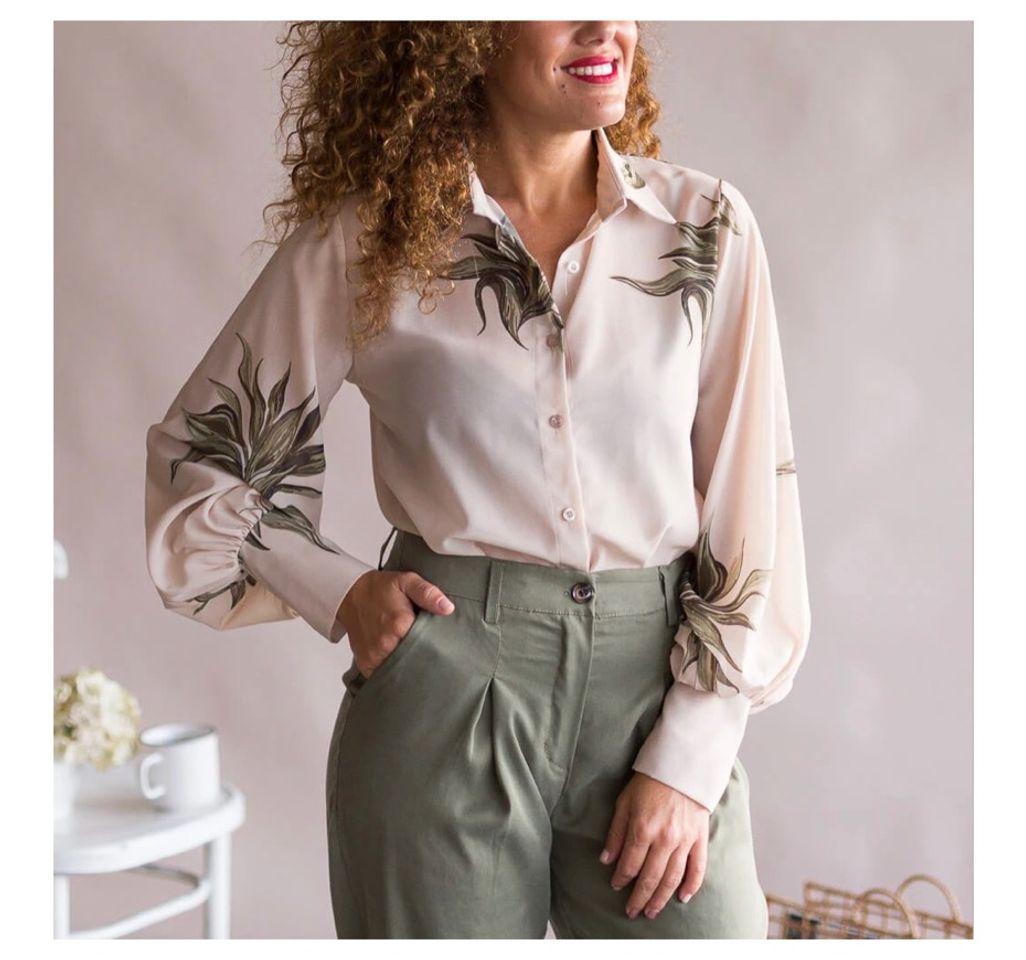 Moda Camisa Bodoni Plantas Beige