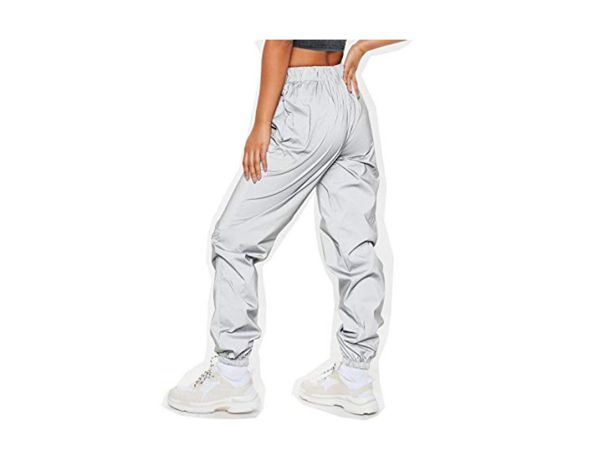 Moda NewL Pantalones Reflectantes para Mujer Marca Casual Harajuku Night Sporting Jogger Pantalones Gris M