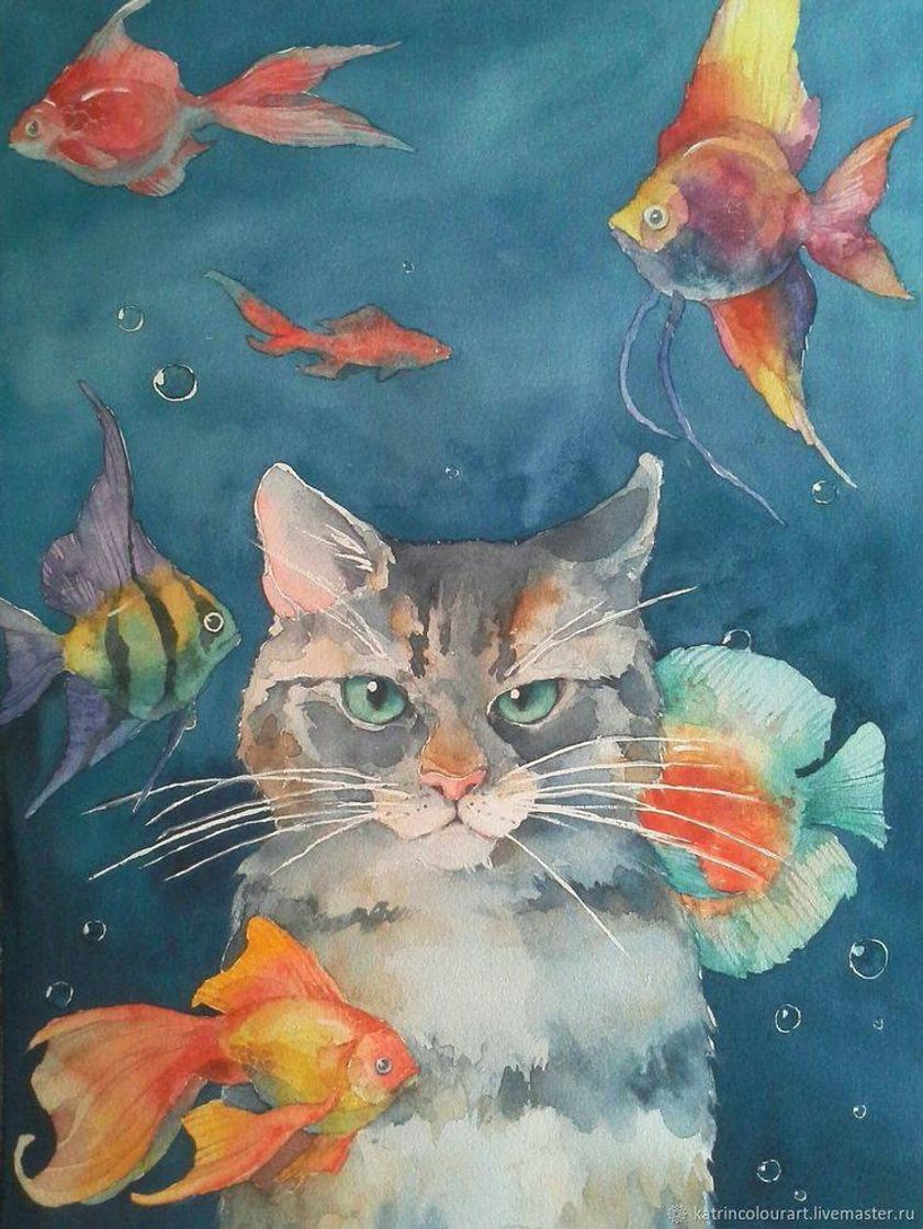 Moda Pintura: gatinho e peixes