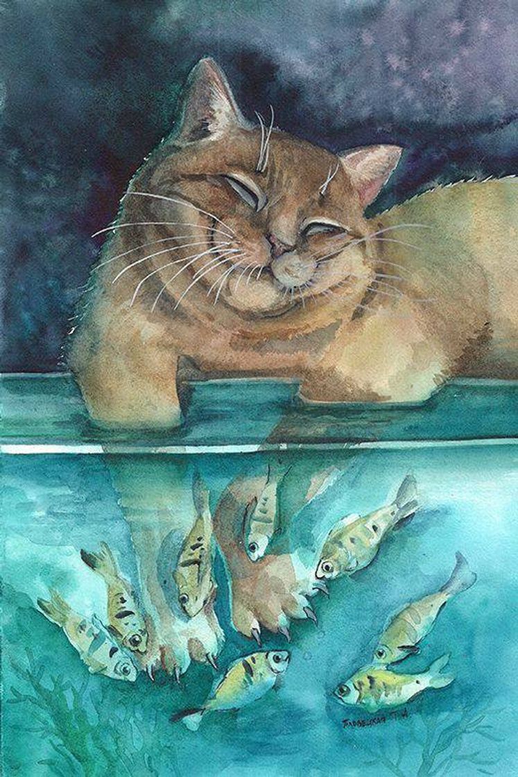 Moda Pintura: Gato, água e peixes