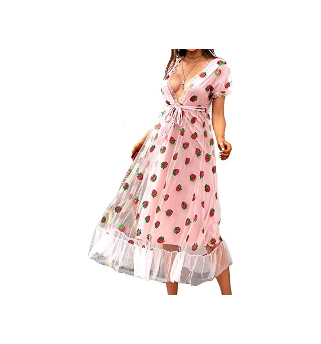 Fashion Women Strawberry Sequin Dress V-Neck Embroidered Sweet Mesh Lace Up Pleated Dress