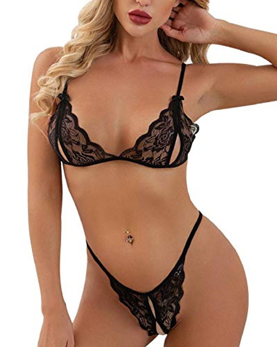 Fashion heekpek Conjunto Lencería Mujer Sexy Encaje Ropa de Dormir Sexy Mujer Lingerie Bordado Ropa Interior Sujetador Transparente Triangular y Tanga Sexy Dessous Set