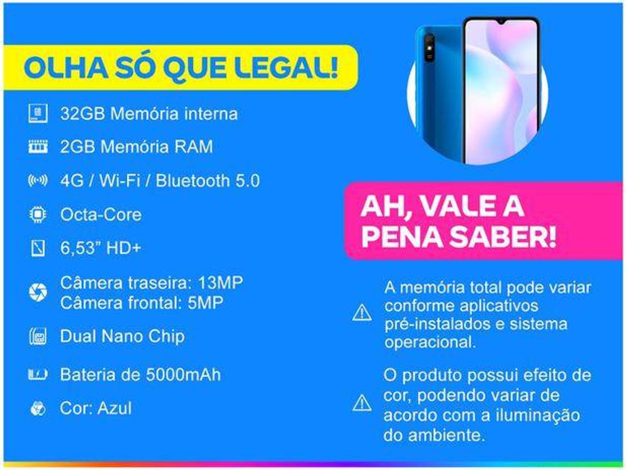 Fashion Smartphone Xiaomi Redmi 9A 32GB Azul 4G Octa-Core - 2GB 6,53