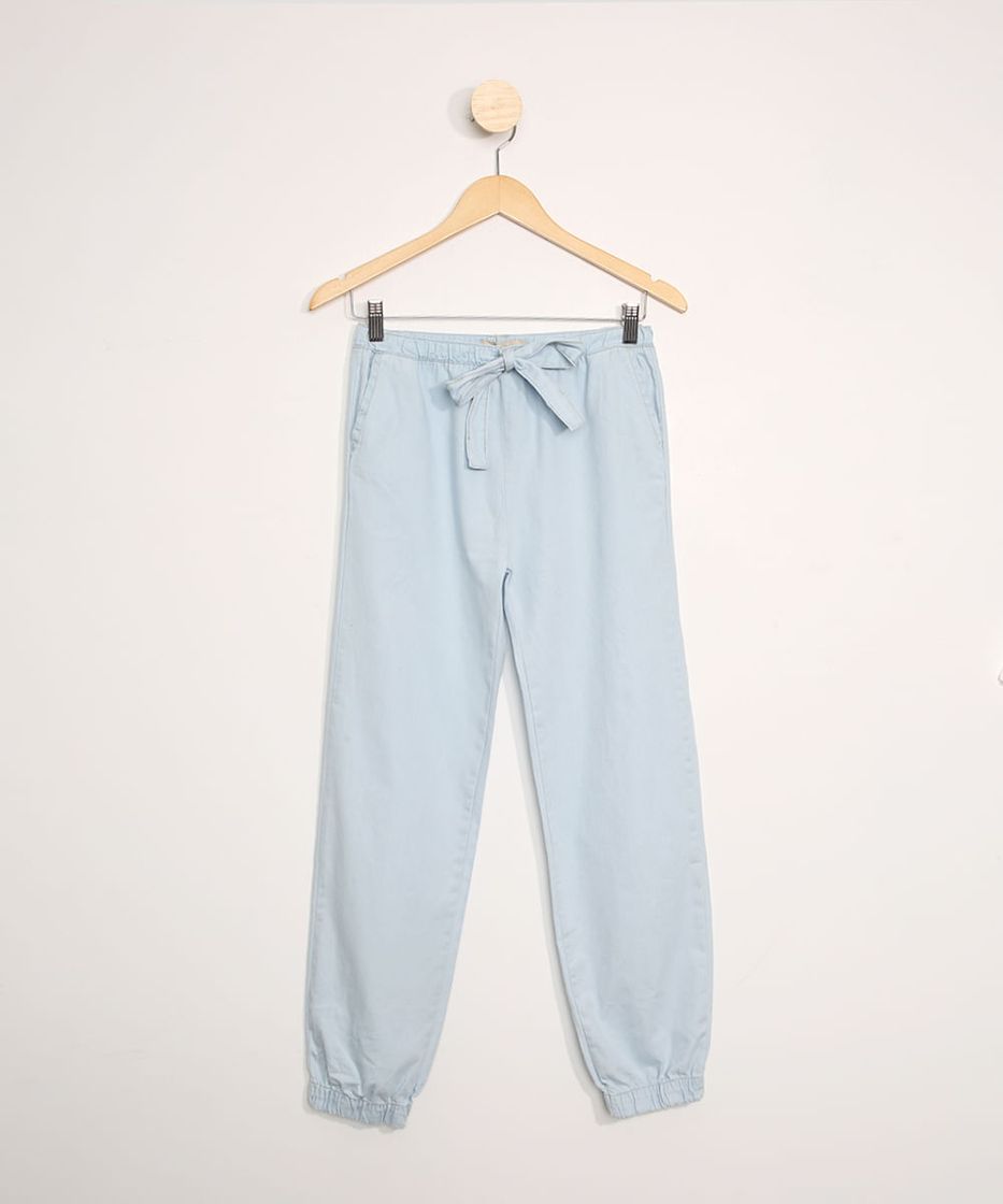 Moda calça jeans juvenil jogger com laço azul claro