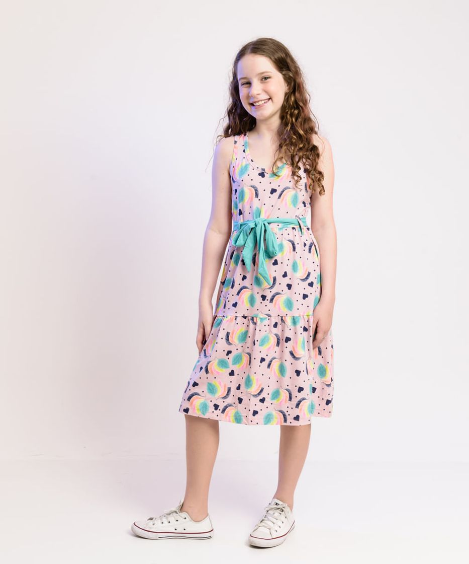 Moda Vestido Juvenil Feminino Estampado Regata com Cinto Rosa