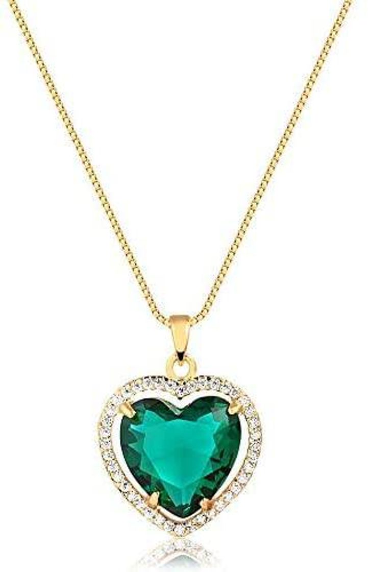 Colar de coração c/pedra verde cravejados folheado em ouro


