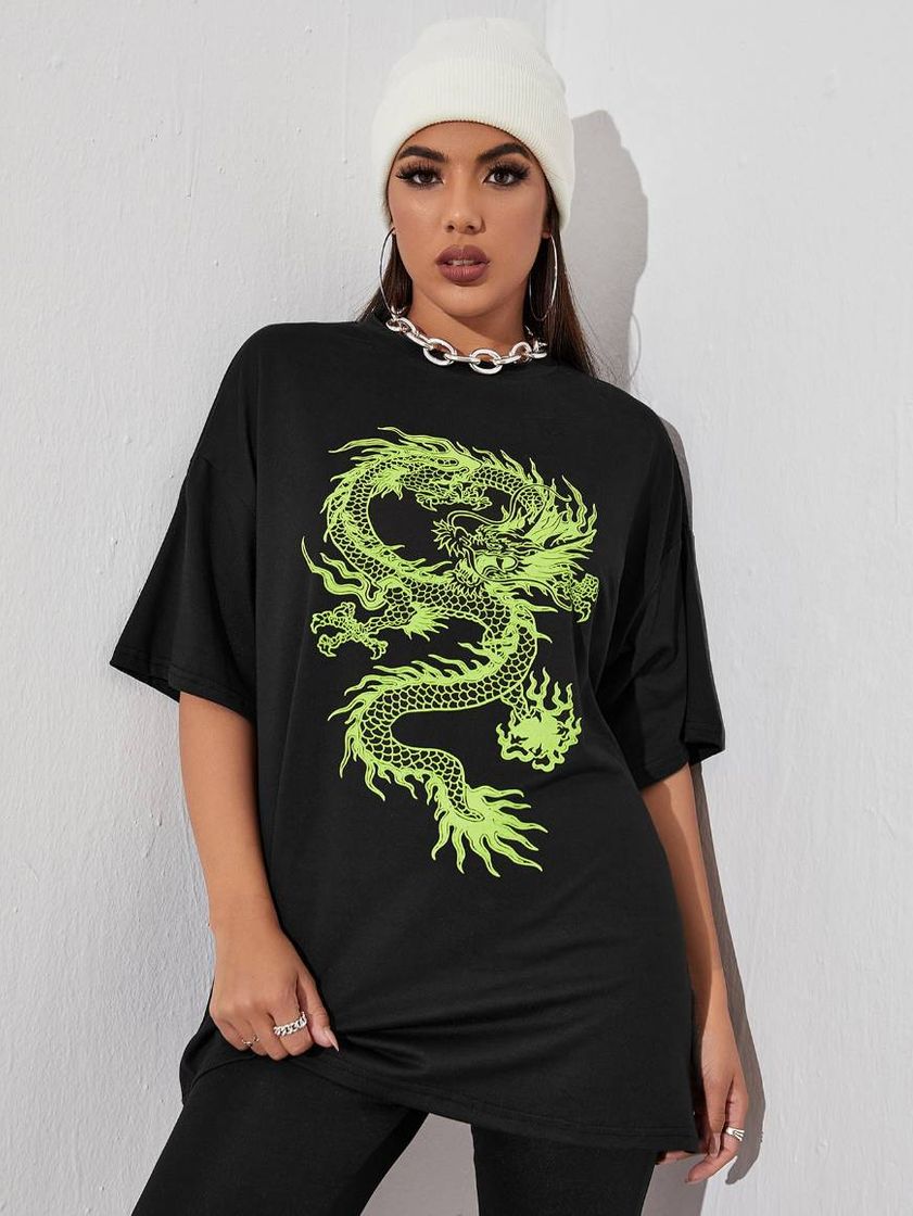 Moda Camisetão preto com dragão 🐉✨