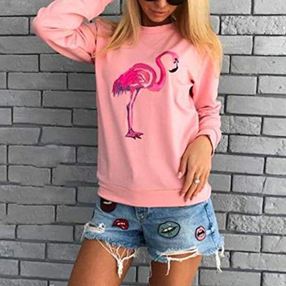 Fashion Harajuku Sudaderas con Capucha para Mujer Sudadera con Estampado de Flamenco Tops Casual Cuello Redondo Jersey Rosa Rojo Ropa Femenina Moletom XXL Rosa