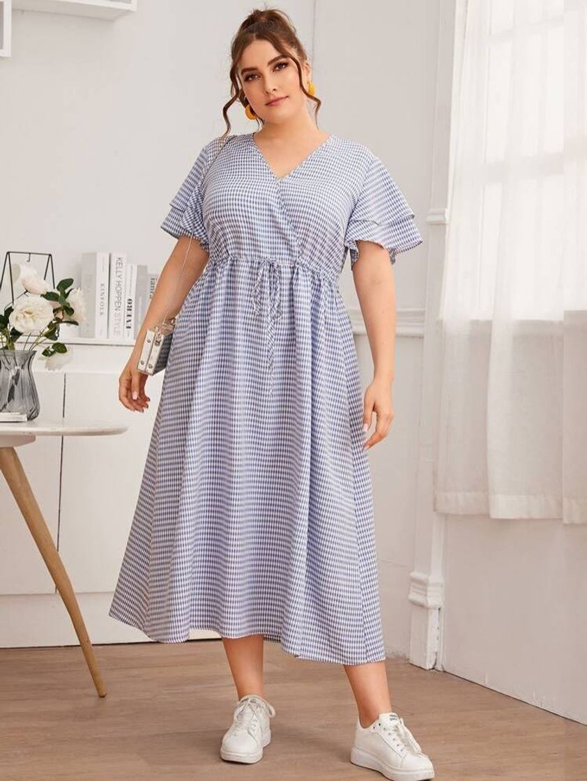 Vestido de guingán de manga mariposa cintura cordon- grande