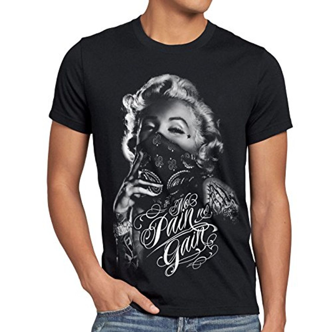 Fashion style3 Marilyn Tattoo 'No Pain' Camiseta para Hombre T-Shirt Rock Monroe tatuar