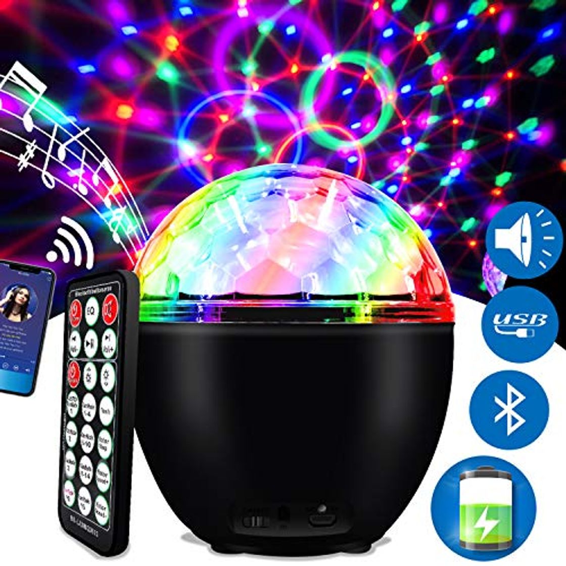 Producto ENONEO Luces Discoteca 16 Colores Bola Discoteca con Cable USB LED Giratoria