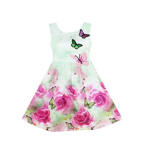 Sunny Fashion Girls Dress Rose Flower Print Butterfly Embroidery Green Vestido