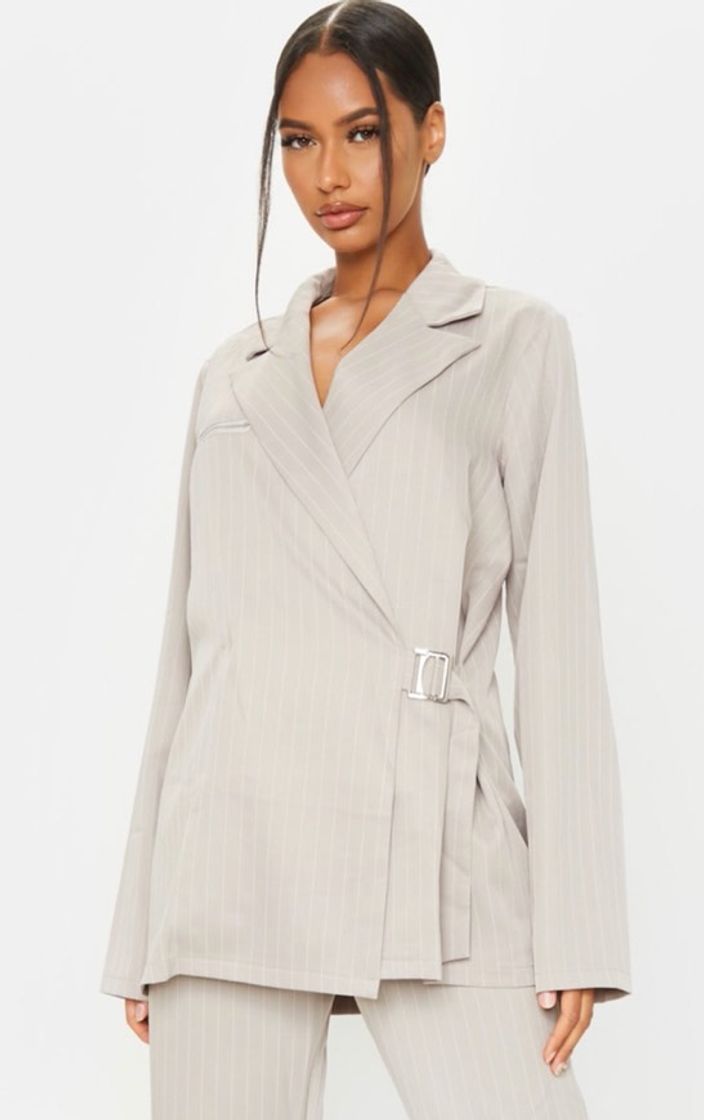 Fashion Light Grey Pinstripe Zip Pocket Belted Blazer