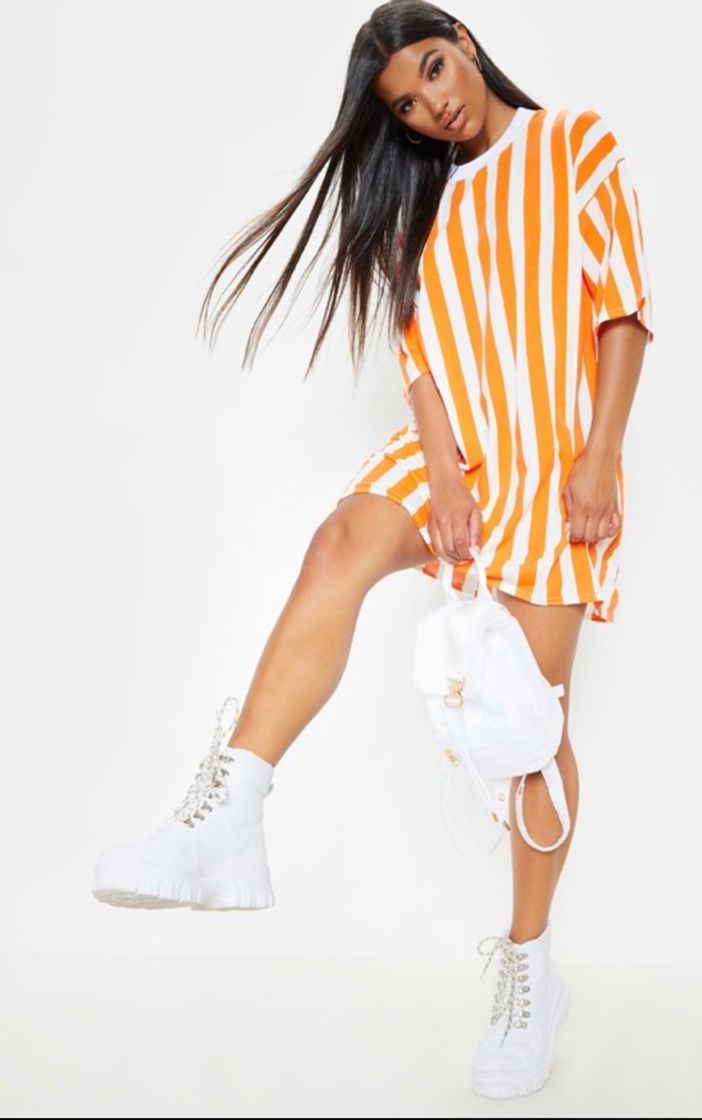 Fashion Khaki Stripe Oversized Boyfriend T Shirt Dress