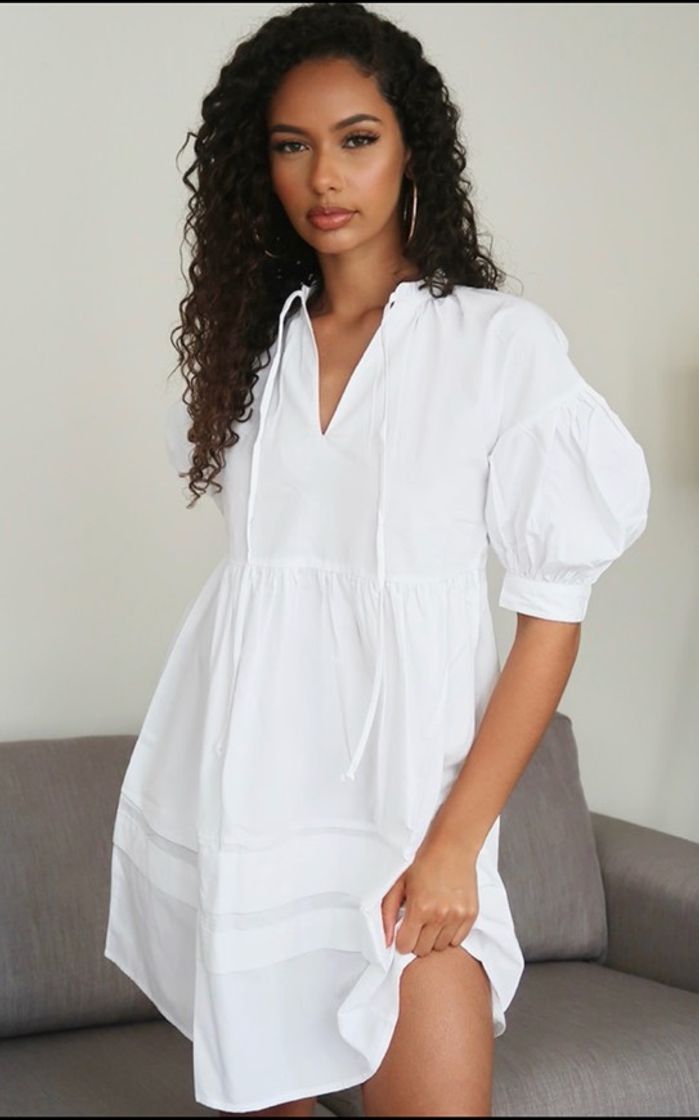 Fashion White Woven Tie Front Smock Dress