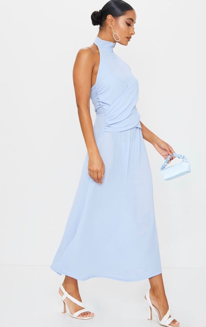 Fashion Dusty Blue Halterneck Wrap Front Maxi Dress