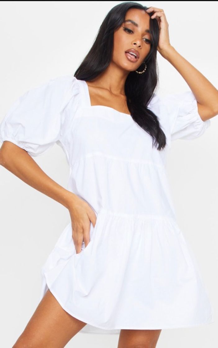 Fashion White Puff Sleeve Square Neck Tiered Smock Dress