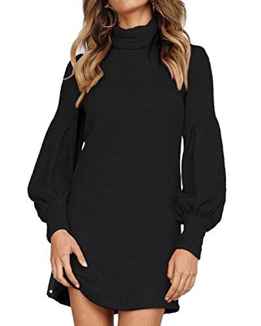 Fashion Auxo Vestido Negro a Punto Cuello Alto Suéter Larga Elegante Clásico para