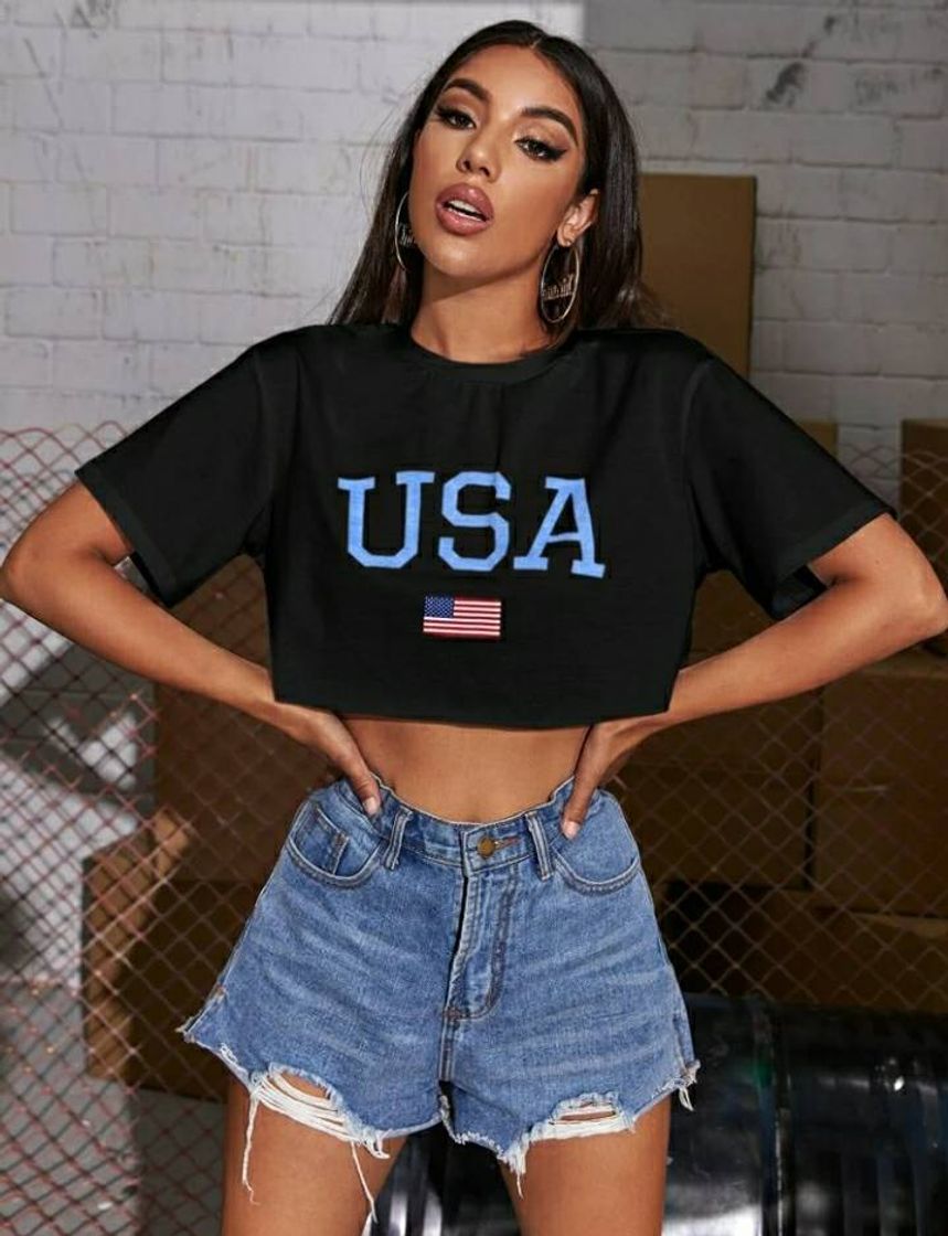 Moda Flag And Letter Graphic Crop Tee | SHEIN USA