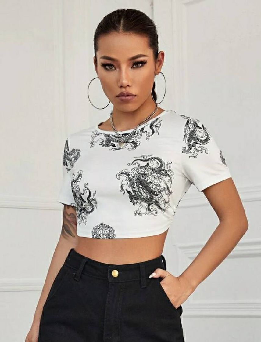 Moda Chinese Dragon Print Tied Open Back Crop Top | SHEIN USA