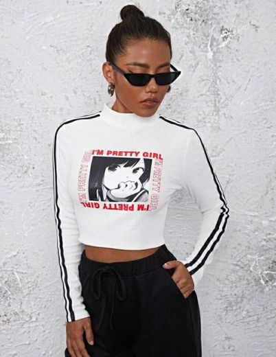 Slogan and Figure Graphic Striped Side Tee | SHEIN USA