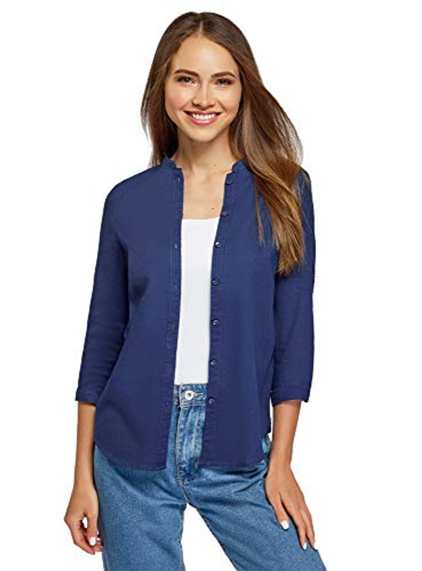 Moda oodji Collection Mujer Blusa Básica de Algodón, Azul, ES 42