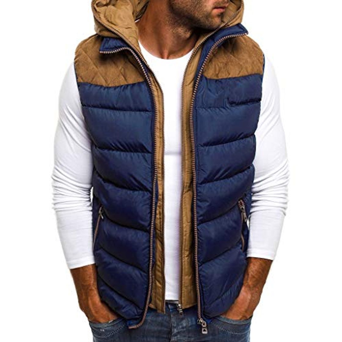 Fashion Sudadera con Capucha para Hombre Otoño Invierno Cremallera Calor Chalecos Sin Mangas De Plumas Chaquetas Algodón Talla Grande Abrigo con Capucha Grueso y Cálido riou