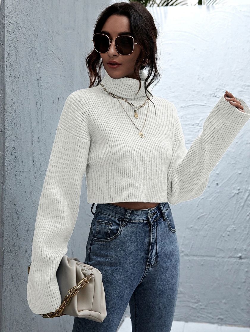 Moda SHEIN Rolled Neck Drop Shoulder Crop Sweater