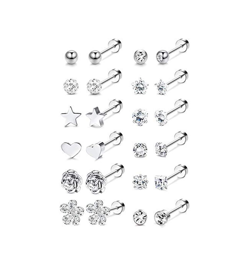 Moda LOLIAS 12Pares Pendientes Cartílago Acero Inoxidable para Mujeres Niñas Pequeños Pendientes Helix Piercing Aretes Estrella Tragus Flor Amor Oreja Cartilage Piercing para Mujeres 18G