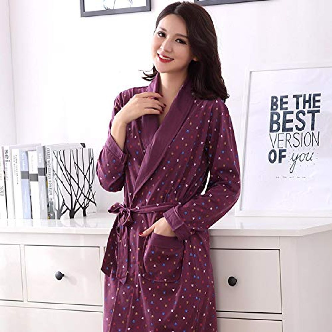 Fashion DFDLNL Bata de algodón para Dormir Mujer Otoño Pijamas Feminino Inverno Camisón de Manga Larga Loungewear Albornoz L