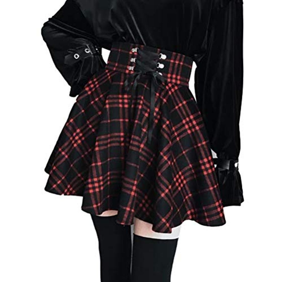 Social XIANGLIOOD Mujer Plaid A Line Cintura Alta Acampanada Plisada Corta Mini Négro Rojo Falda