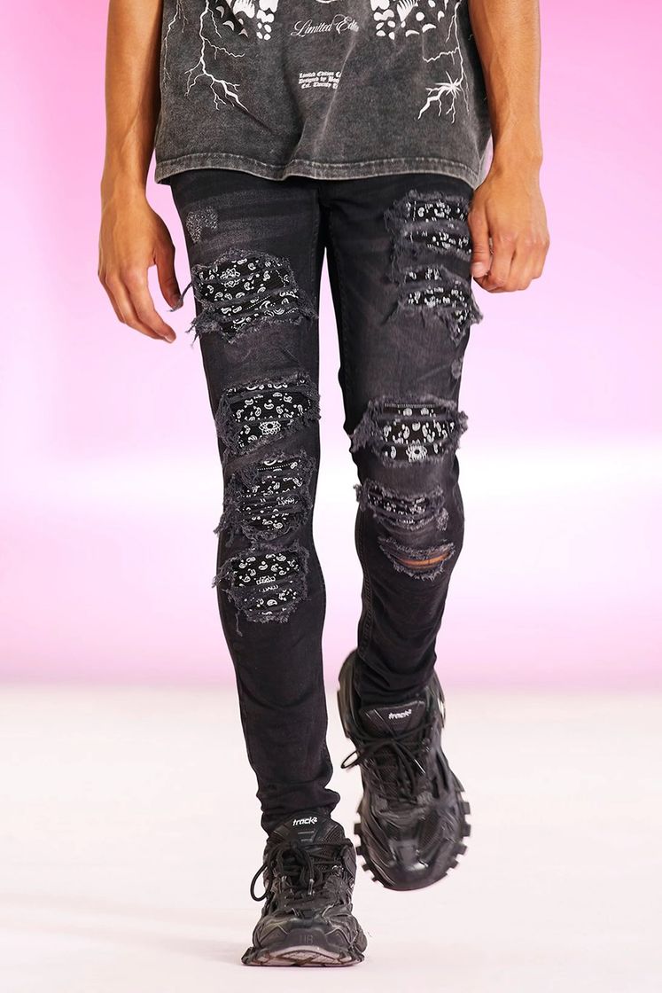 Moda Super Skinny All Over Rip Repair Biker Jeans | BoohooMAN