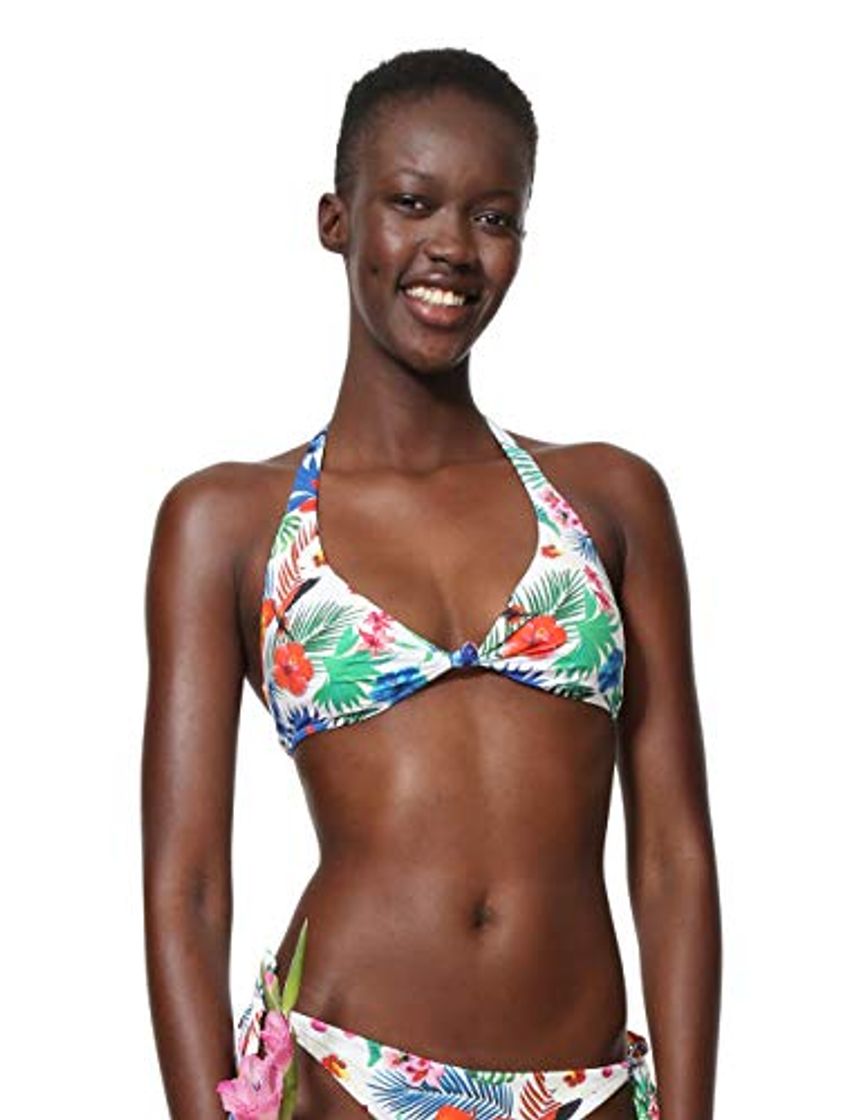 Fashion Desigual Damen Swimwear Triangle Leopard Mujer Blanco Bikinioberteil, Weiß