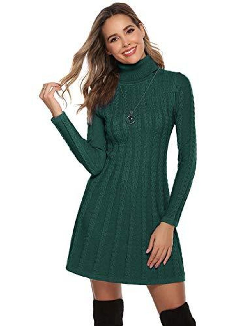 Fashion Hawiton Vestido de Punto para Mujer Elegante Vestido de Suéter de Cuello Alto Jersey de Manga Larga de Una Línea para Otoño Invierno