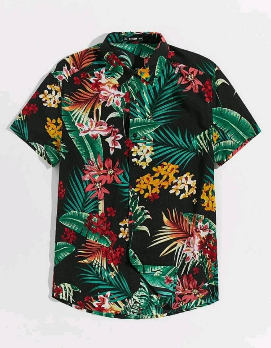 Moda Multicolorido Butões na frente Tropical Férias Camisa