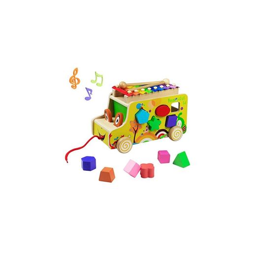 yoptote Xilófono Música de Madera Pull Bus con Formas de Geometría Multifuncional para Niños Mayores de 3 Años