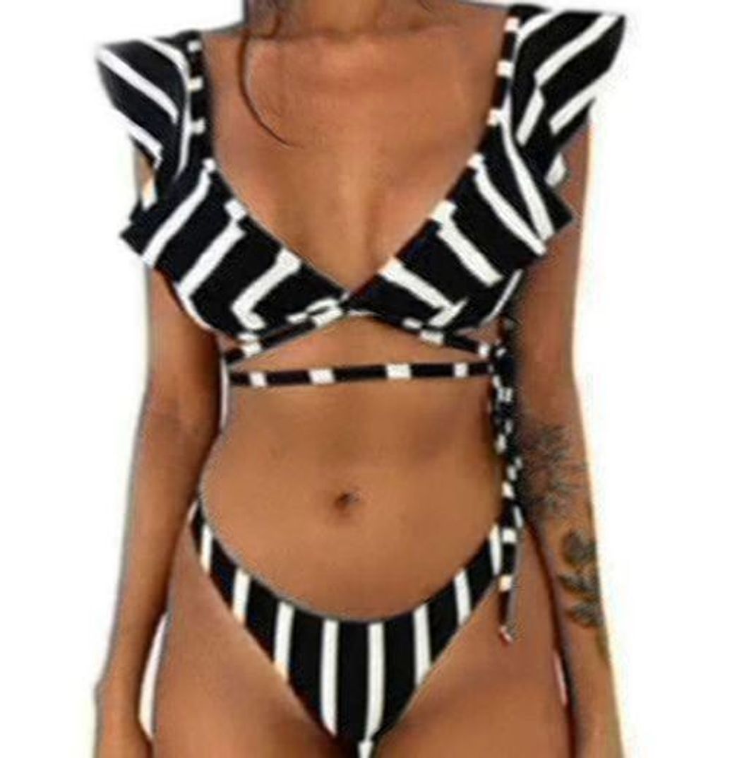 Social Bikini de Volantes Triangulo Push Up Mujer Trajes de Baño Flores de Dos Piezas Biquini Brasileño Rayas Vikini Bikinis Brasileña Señora Bañador Piscina Playa Mujeres Bañadores Natacion Blanco Negro M