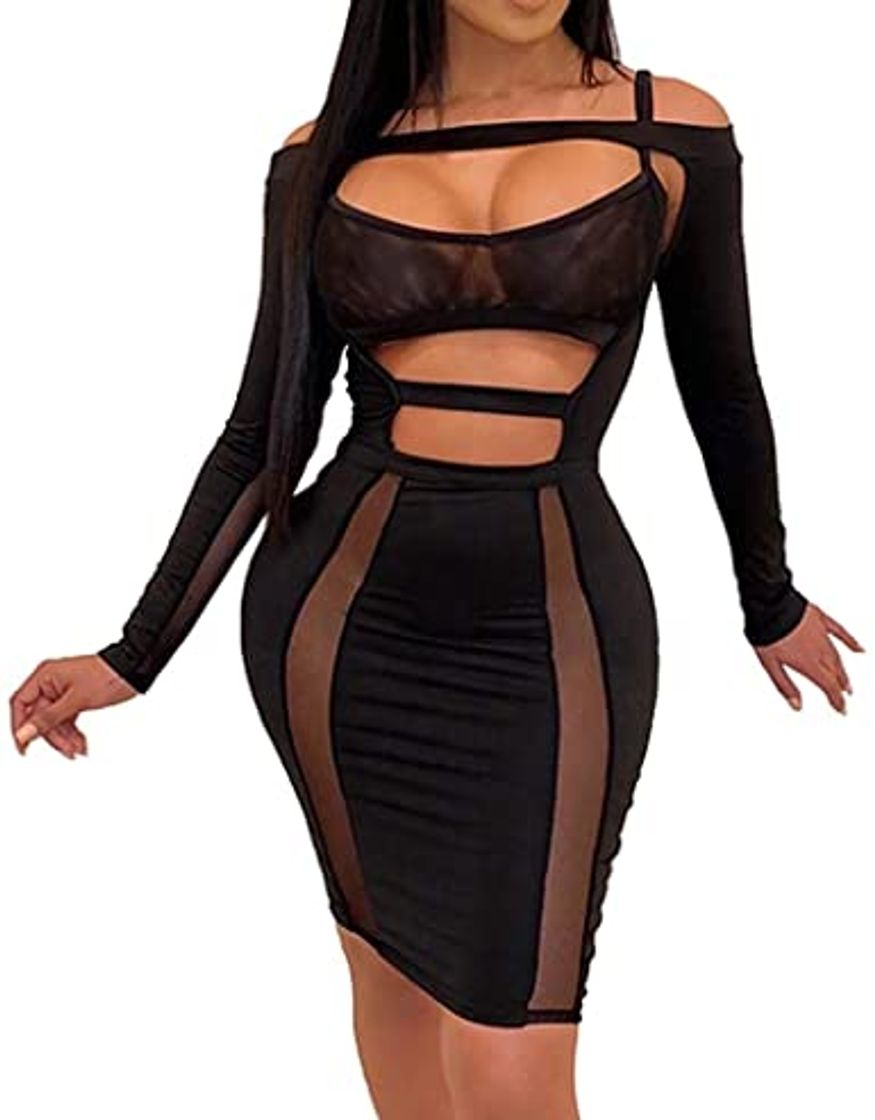 Moda riou Mujer Vestido Cuello Redondo Manga Larga Vestido de Trabajo Informal Ajustado con Rayas Transparentes de Malla Bodycon Sexy Mini Vestido para Fiesta