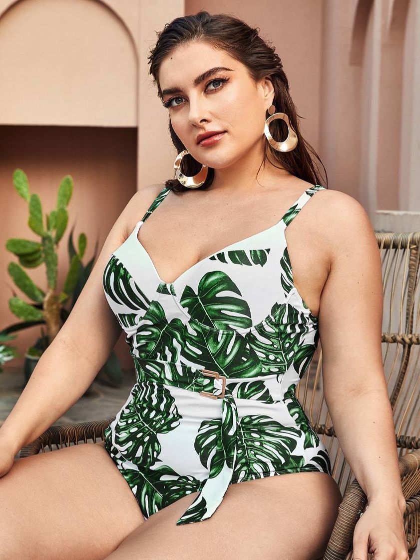 Fashion Com cinto Tropical Boho Uma Peça Plus Size