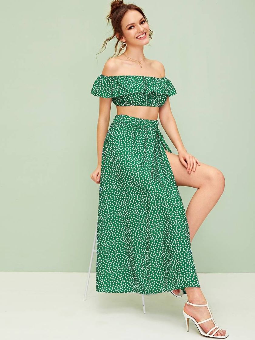 Fashion Verde Ruffle Florzinhas Boho Roupas de 2pçs 