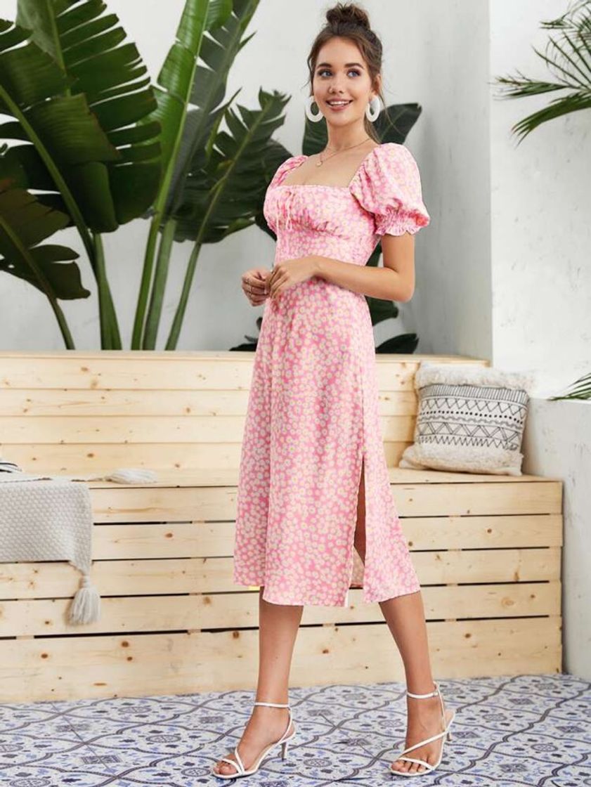 Fashion Ditsy Floral Print Split Side Hem Puff Sleeve Dress