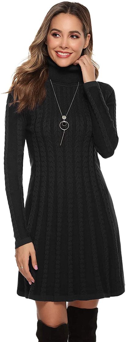 Moda Hawiton Vestido de Punto para Mujer Vestido de Suéter de Cuello Alto Elegante Jersey de Manga Larga de Una Línea para Otoño Invierno