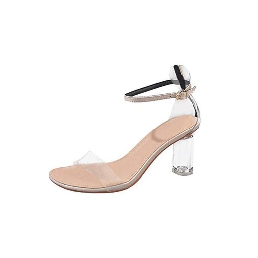 Verano Zapatillas de Mujer Una Palabra con Sandalias de tacón Gruesas Transparentes Zapatos de tacón Alto de Cristal riou