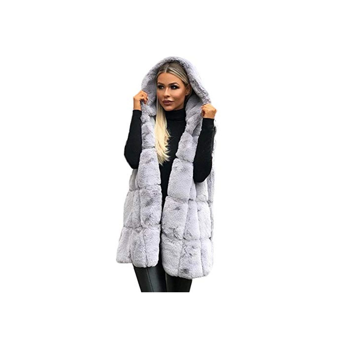 Fashion Capa sin Mangas con Capucha de Las Mujeres Color sólido Tamaño Grande Felpa Abrigo Largo de Lana Abrigo Casual Chaqueta de Invierno riou