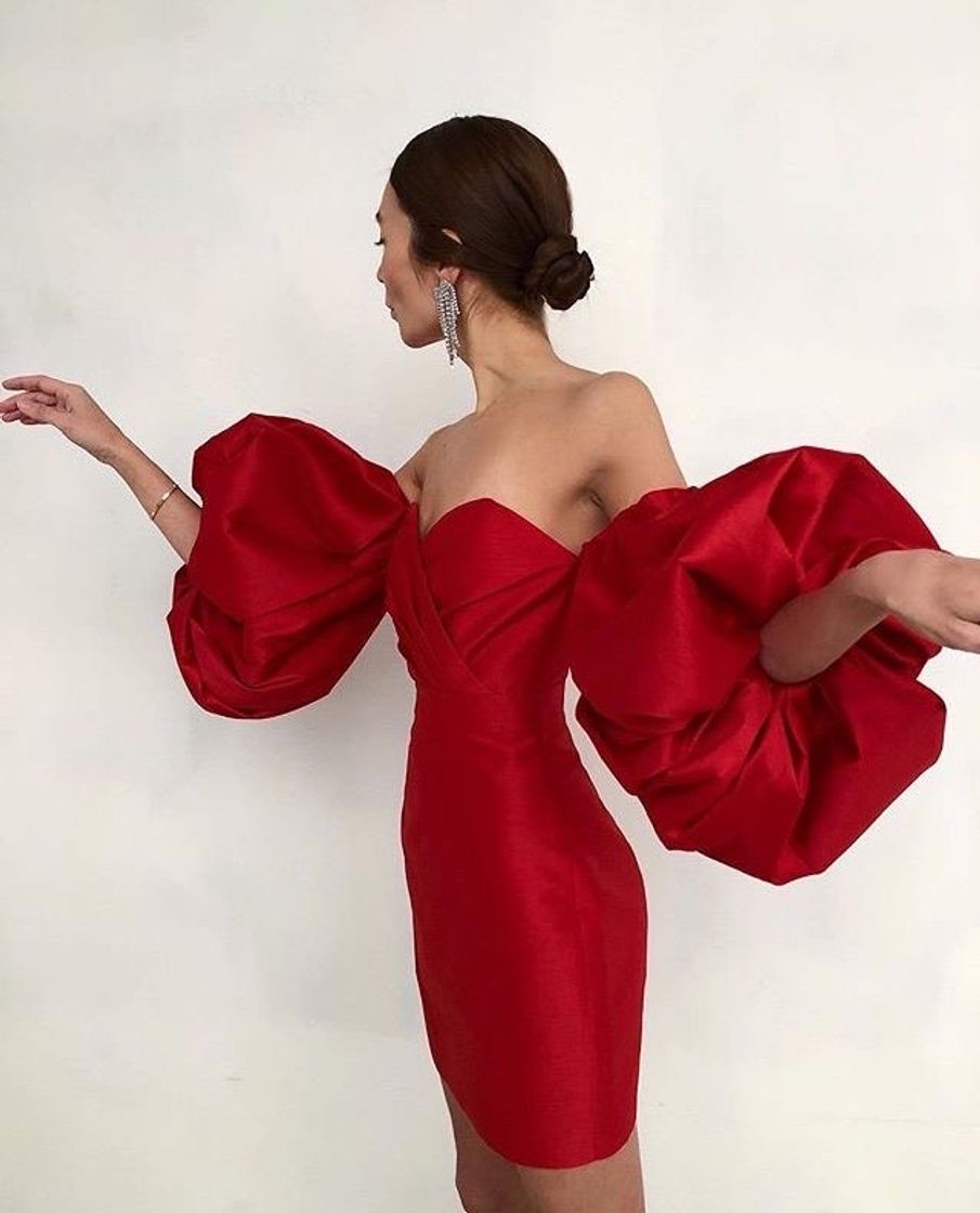 Moda Vestido vermelho de manga bufante 