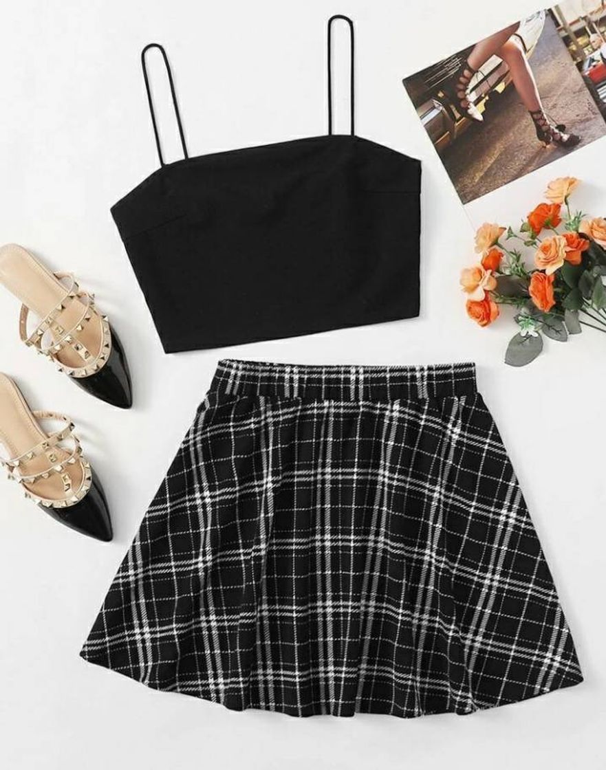 Fashion Solid Crop Cami Top & Tartan Skirt Set