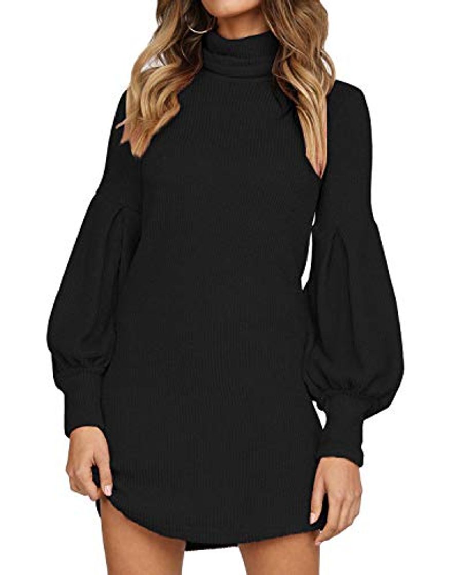 Fashion Auxo Vestido Negro a Punto Cuello Alto Suéter Larga Elegante Clásico para